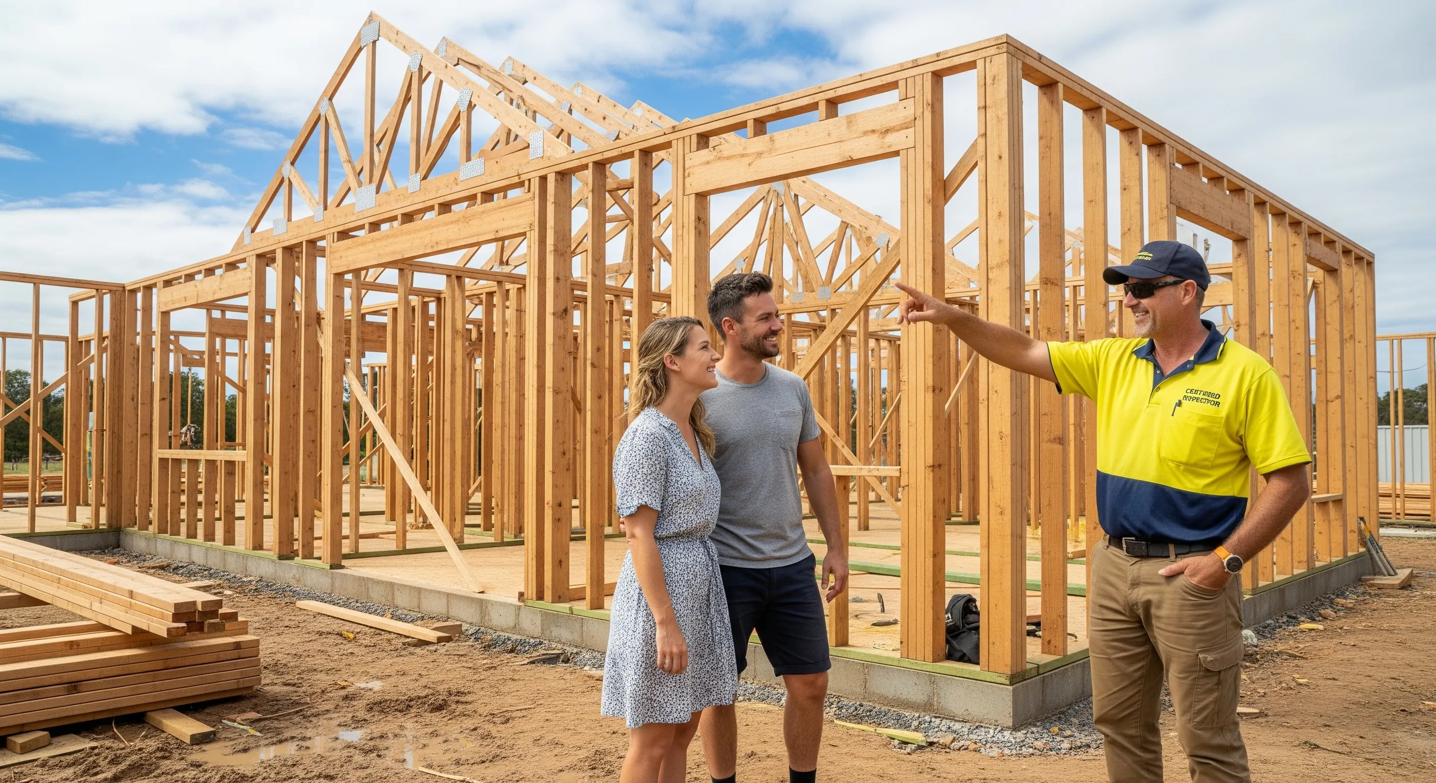 An Australian building inspector provides reassurance to a happy couple during a frame stage inspection of their new home build. He points to a quality detail on the timber framing, highlighting a positive and stress-free building experience.
