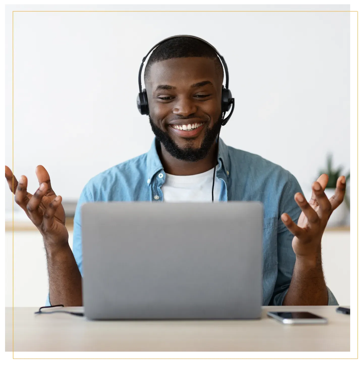 Happy man getting help on a video call on computer