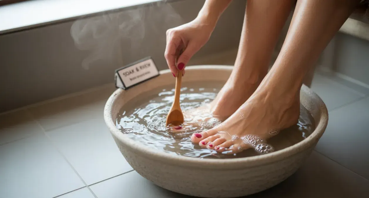 Natural cracked heel care routine with soaking, exfoliation, and moisturizers