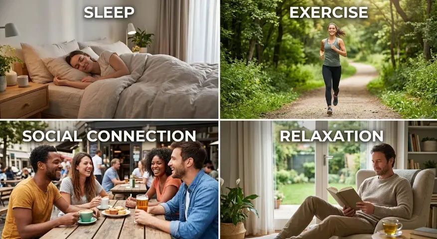 Balanced lifestyle images showing sleep, exercise, social connection, and relaxation.