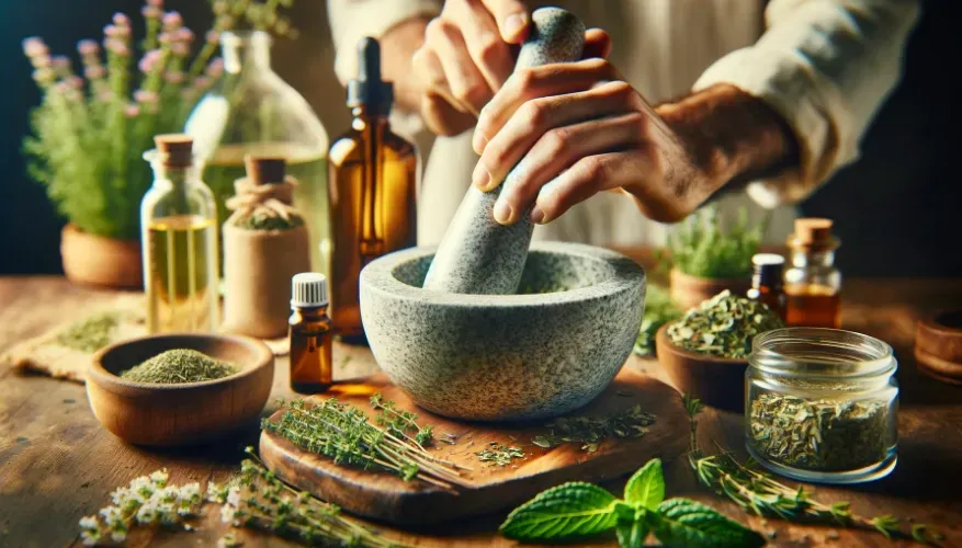 An image depicting hands using a mortar and pestle to grind herbs, with bottles of essential oils and distilled water nearby.