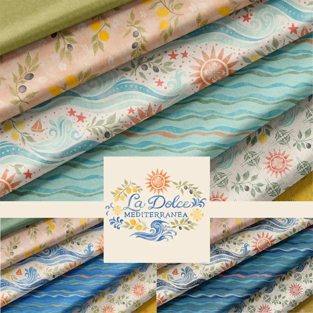 La Dolce Mediterranea surface pattern collection featuring coastal motifs, Mediterranean-inspired waves, tiles, and breezy seaside colorways by Brayberry Design.