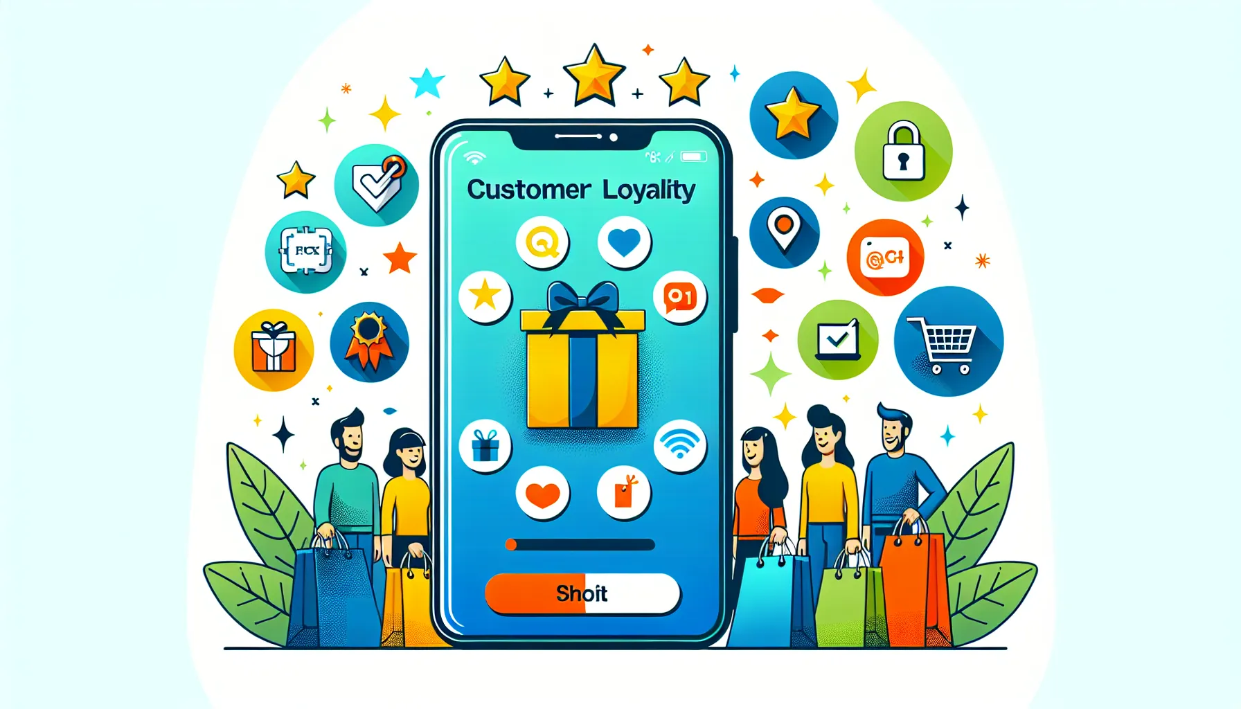 Illustration of a smartphone displaying a customer loyalty app, surrounded by people holding shopping bags and various icons representing rewards, repeat purchases, shopping carts, check marks, and stars.