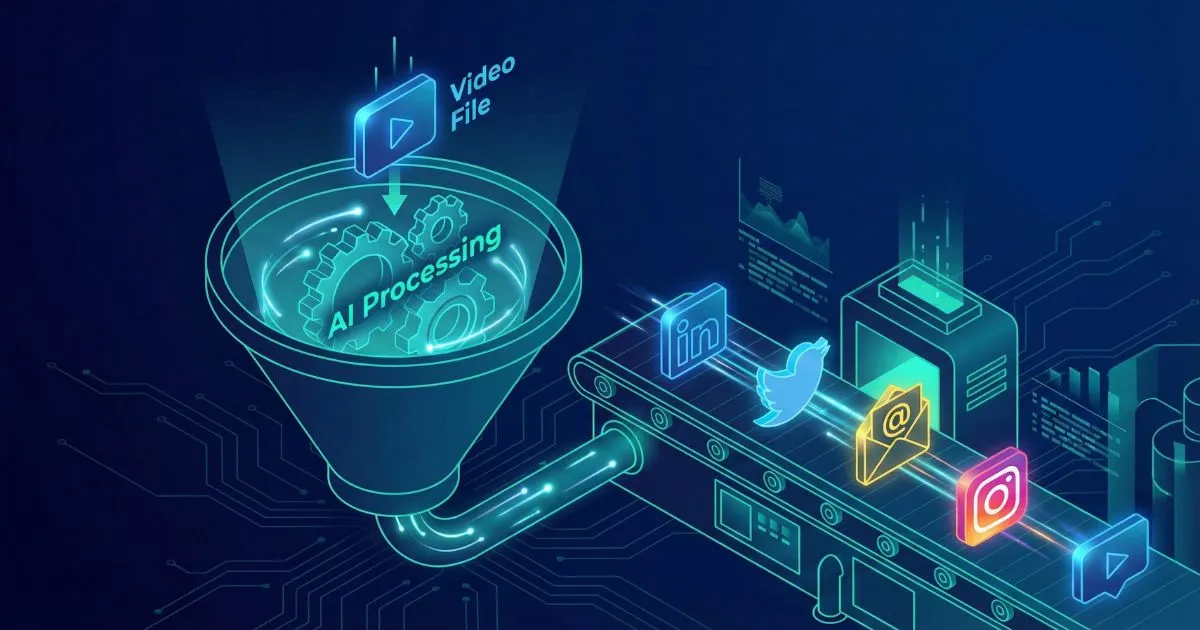 Illustration showing how one video is repurposed into multiple social media formats using AI.