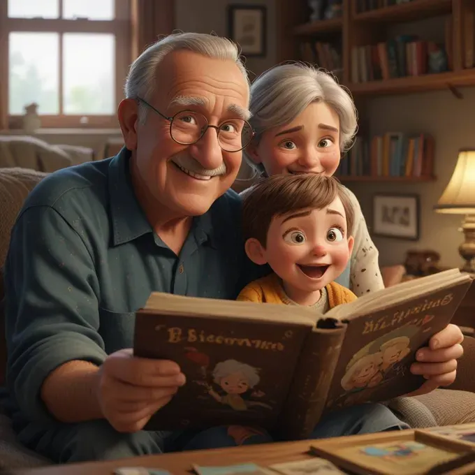 Close-up of a grandparent holding a book open while a toddler listens with curiosity.