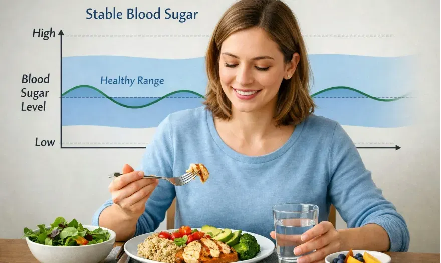 An individual eating a balanced meal. Behind them is an overlay of a stable blood sugar curve.