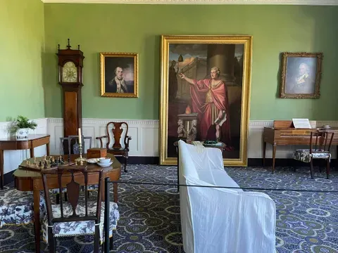 Parlor at Stratford Hall, home of the Lees, is restored with Verdigris paint and holds period portraits