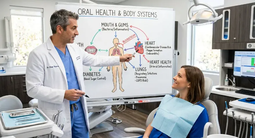 A dentist is showing his patient on his whiteboard, the connection between oral health and body systems such as heart and lungs.