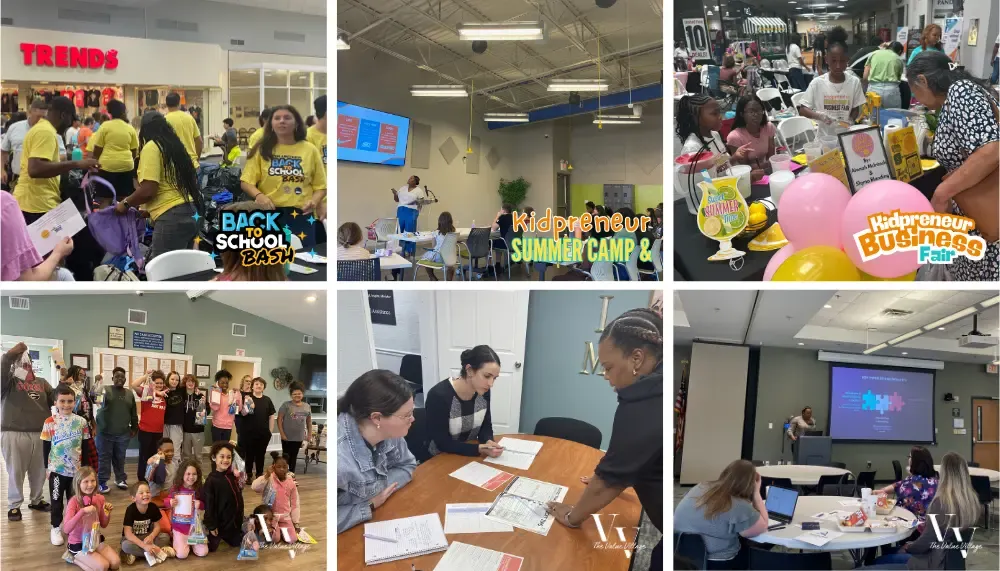 A collage showcasing Value Village Collective community events including the Back to School Bash, Kidpreneur Summer Camp, Children's Business fair, and adult financial literacy workshops