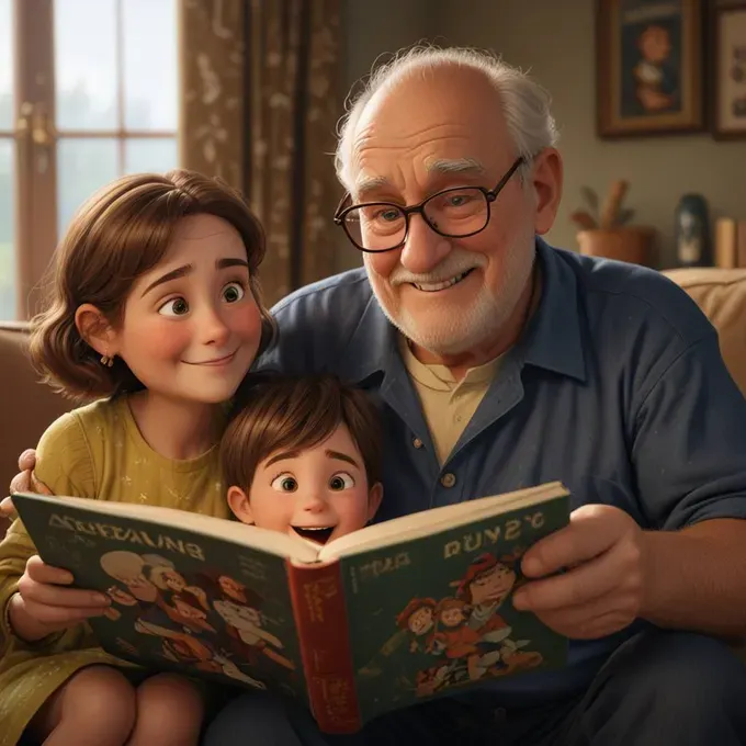 A grandparent and toddler sitting together on a couch, engaged in a delightful storybook.