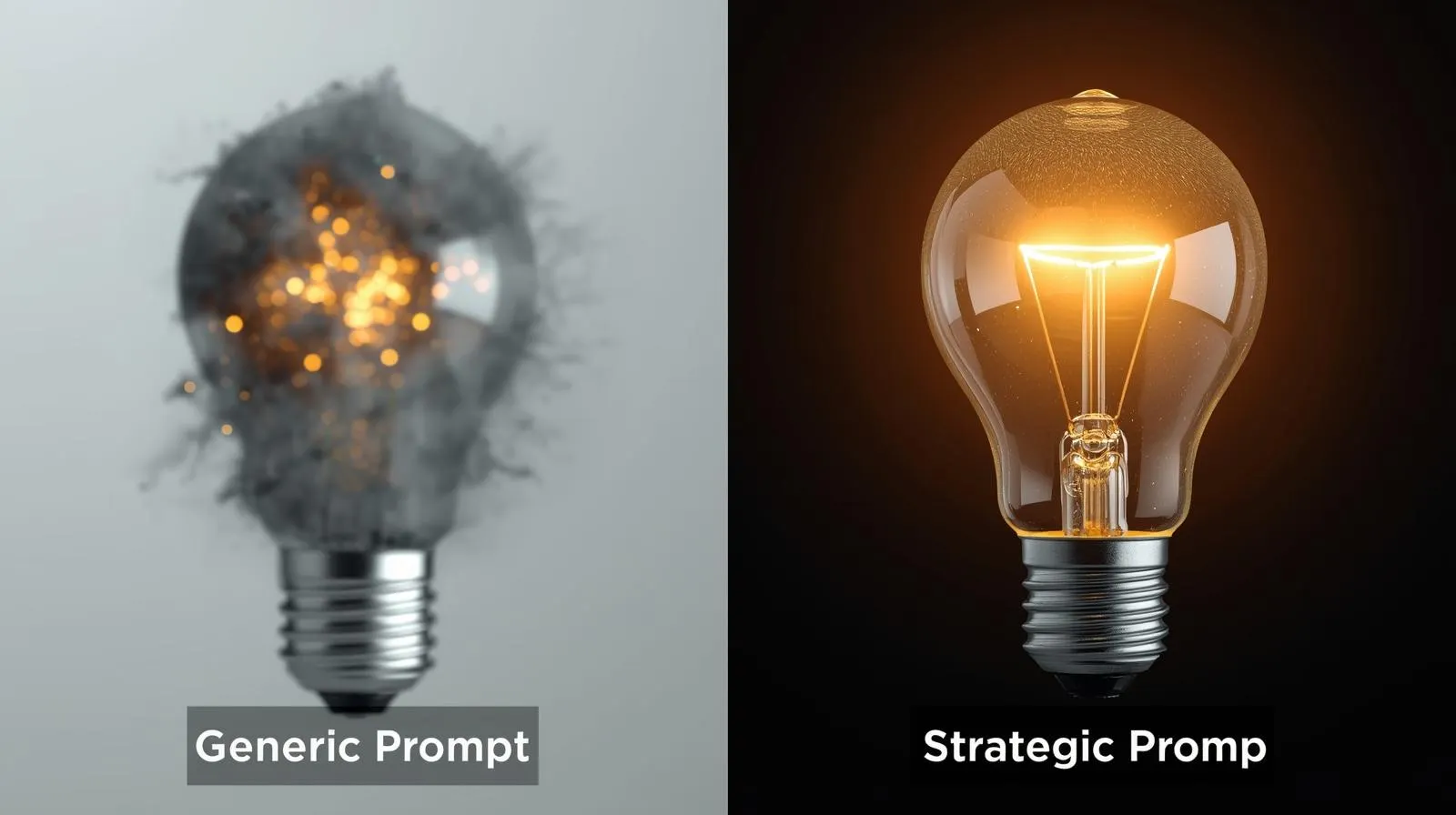 A visual comparison showing how a strategic artificial intelligence prompt creates a clear and impactful result, unlike a generic prompt.