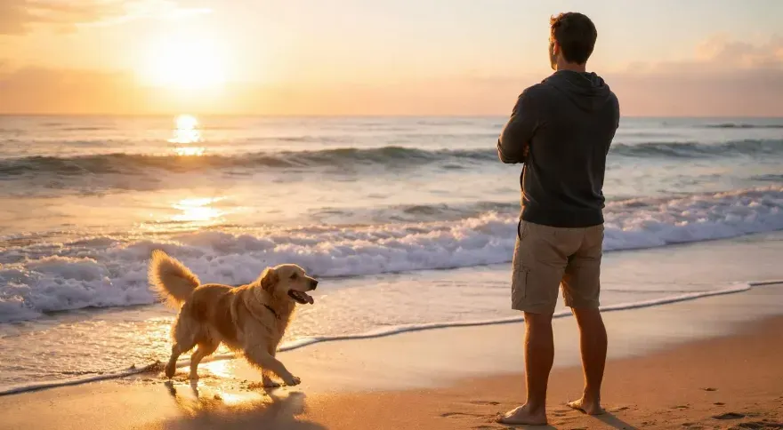 Person on the beach facing the ocean with arms folded, gazing at the morning sun. Their dog is nearby running around and enjoying itself.