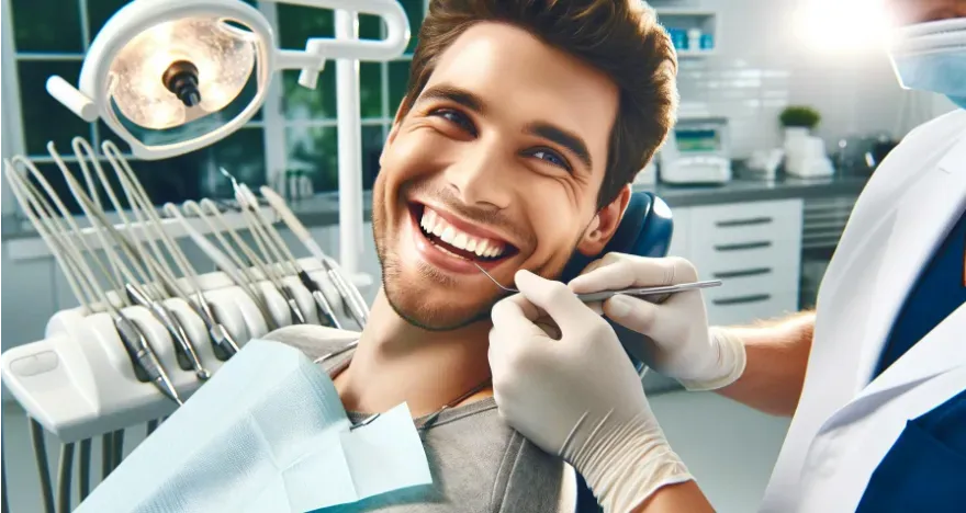 It shows a patient smiling in a dentist's chair, highlighting a friendly and professional environment. 