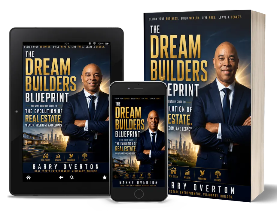 the dream builders book mocked up across an e-reader, a mobile phone, and a paperback book