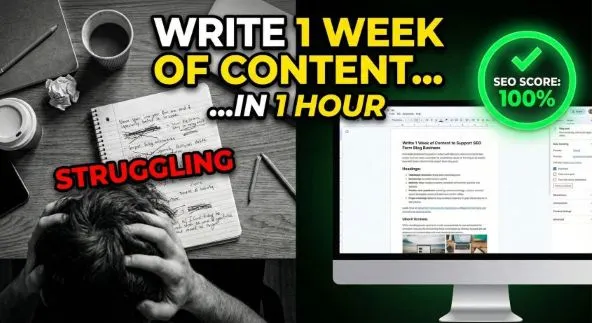 A stressed blogger comparing manual writing to an AI-generated, high-ranking blog post using Expert AI Prompts.