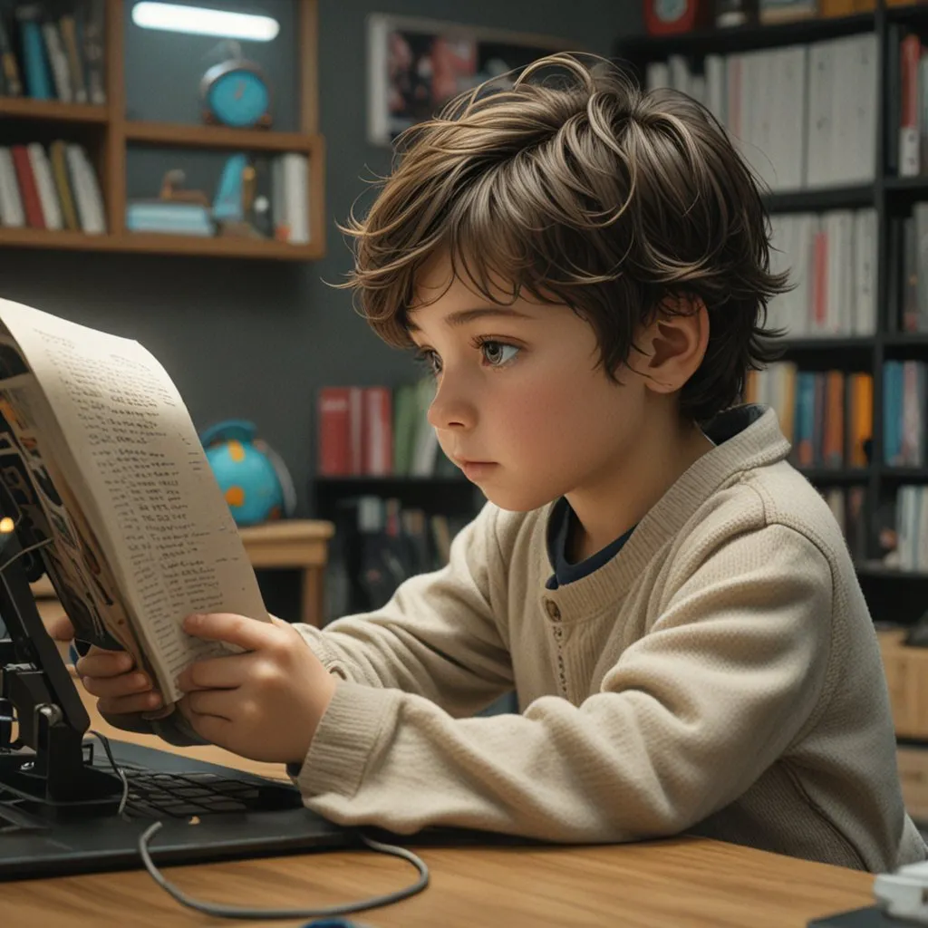 little boy reading a book in a library