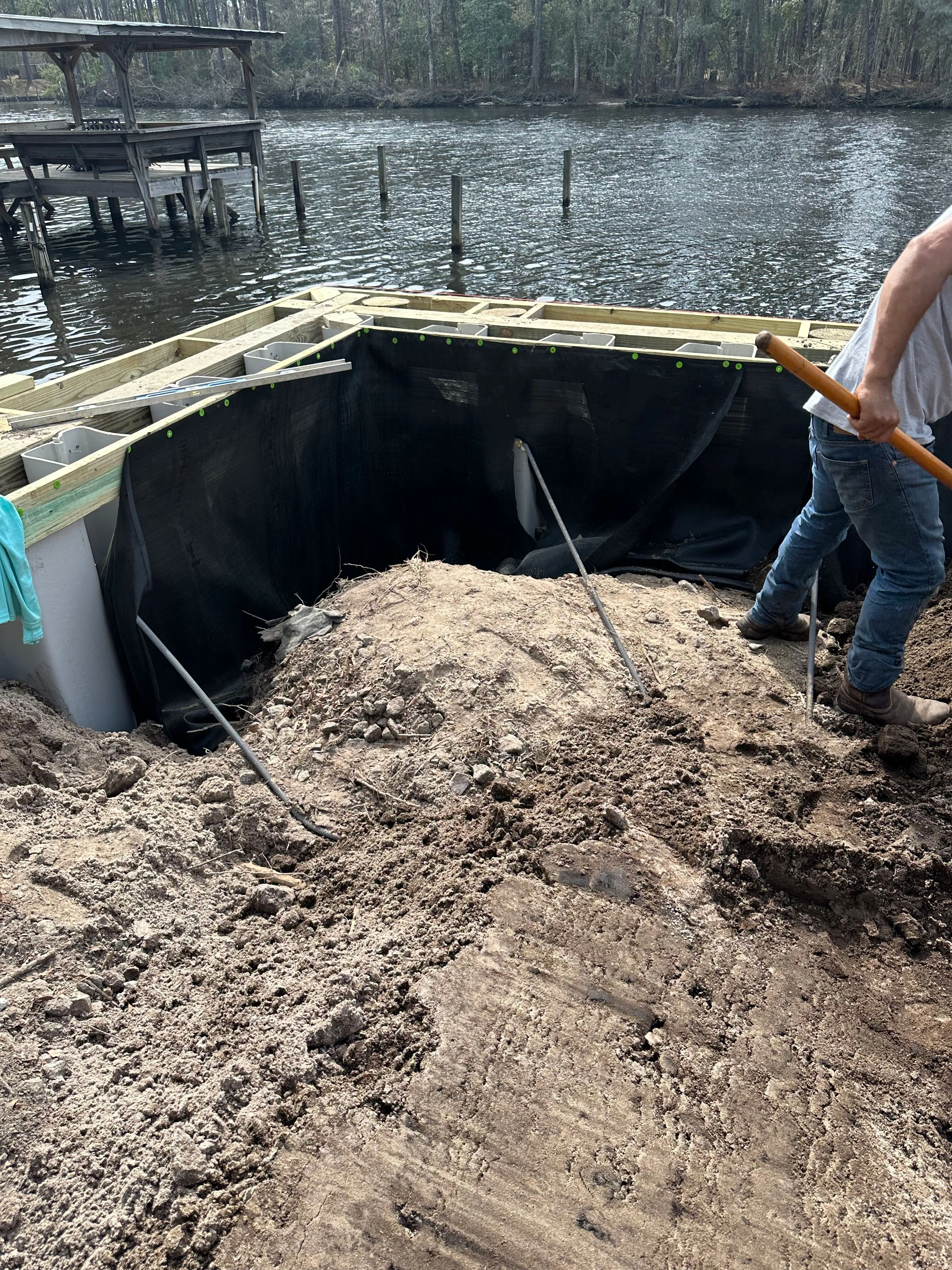 Vinyl Bulkhead framed out for composite wood cap under construction in Myrtle Beach SC on the Intracoastal Waterway built by Waterbridge Contractors of the Carolinas
