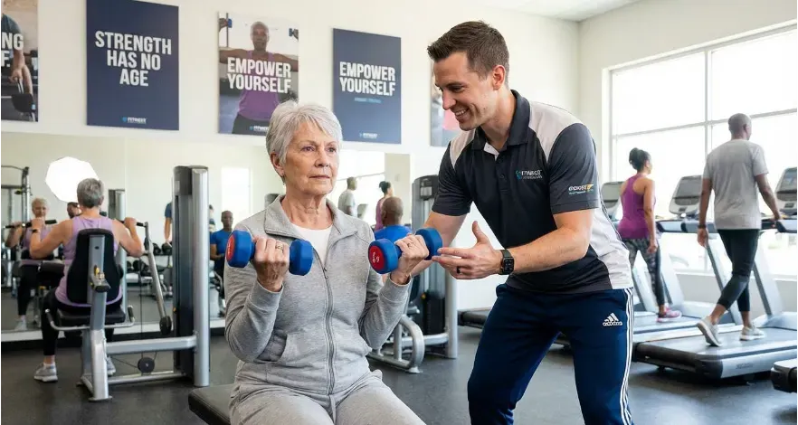 Older adult lifting dumbbells with trainer guidance