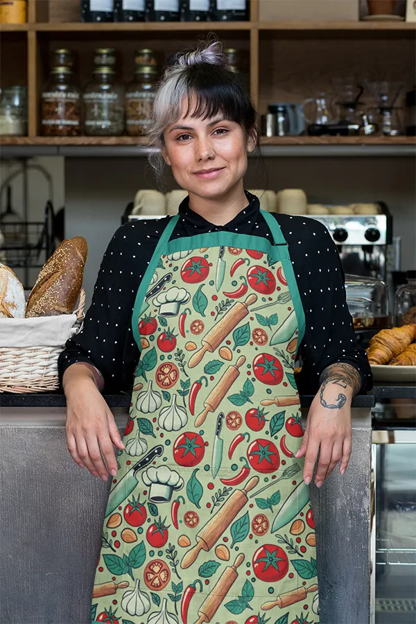 lady wearing apron with kitchen motifs