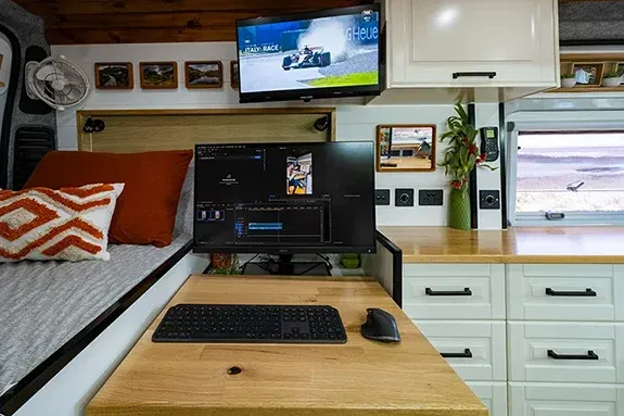 Off-grid campervan workstation and mobile office setupOff-grid campervan workstation and mobile office setup