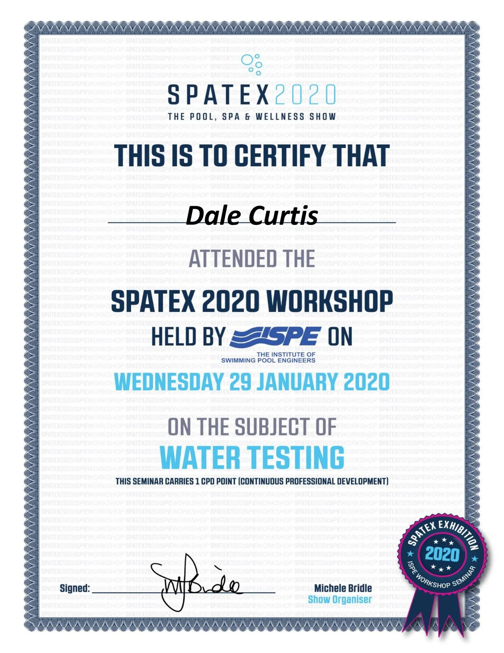 Pool and Hot Tub Water Testing Certificate