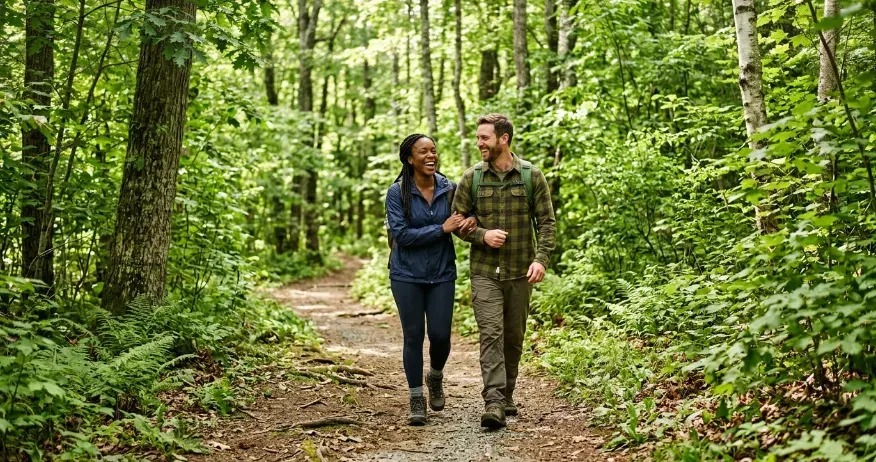 A smiling couple (caucasian male and african american woman) walking through a forest trail surrounded by greenery