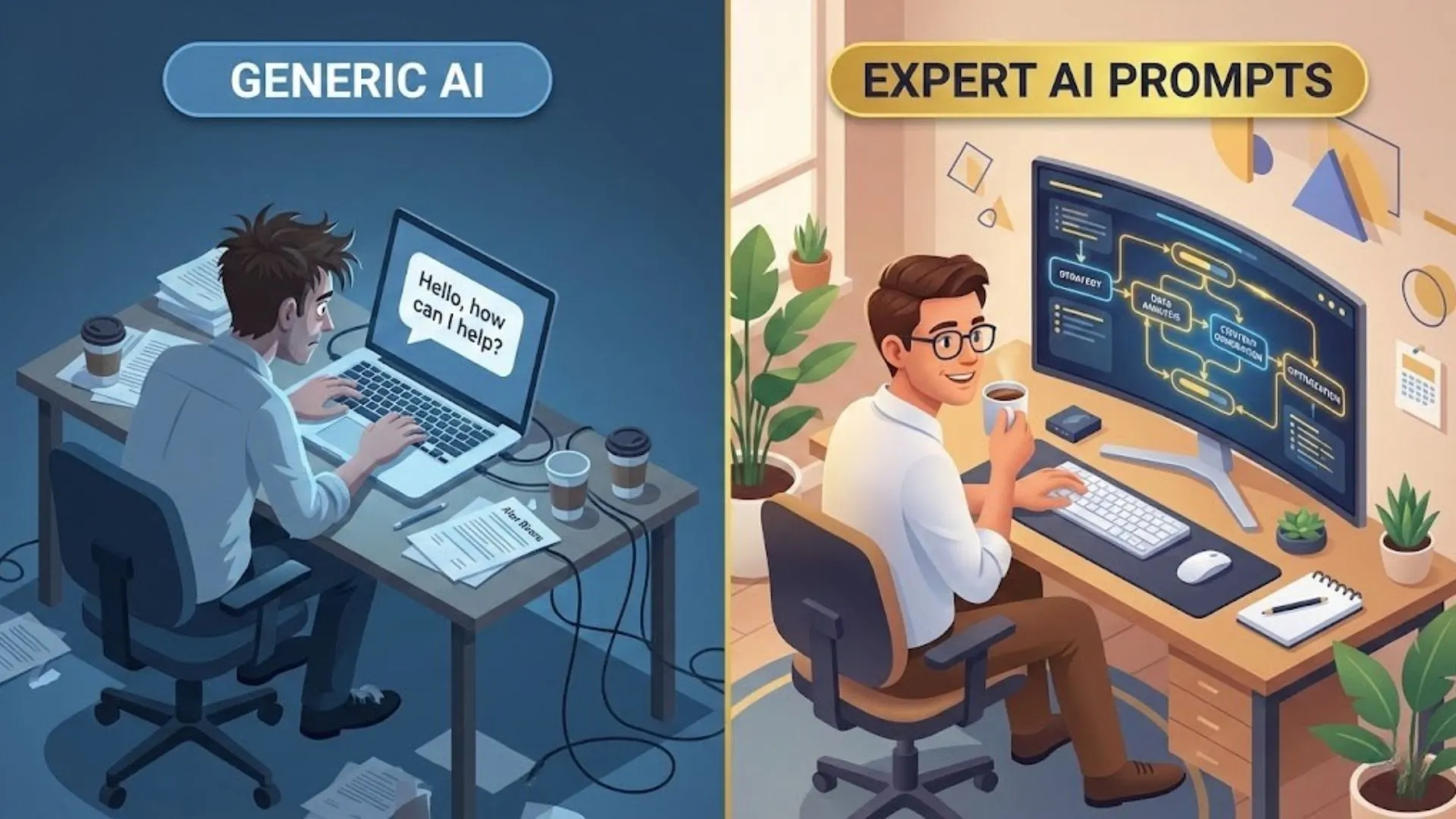 Comparison of a stressed user using generic ChatGPT versus a relaxed user leveraging Expert AI Prompts for business scaling.