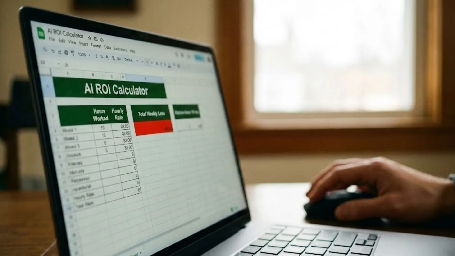 Laptop screen showing an expert ai prompts roi calculator spreadsheet with financial loss data.