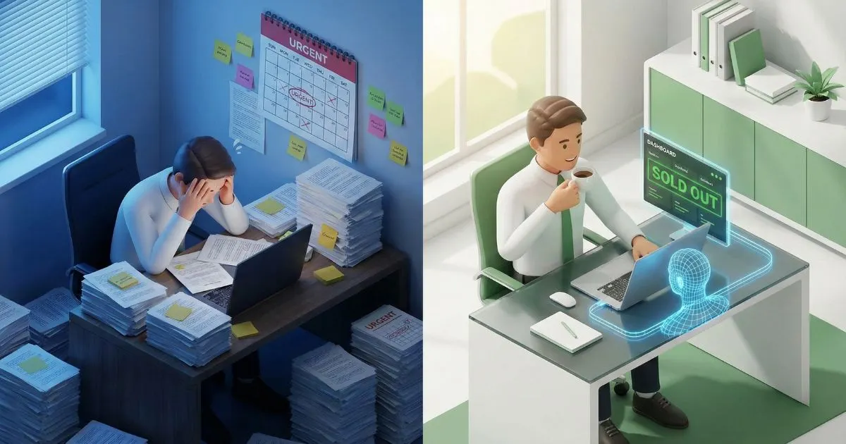 Comparison of a stressed event planner versus a successful one using event marketing AI to sell out a venue.