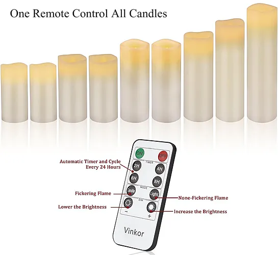 Vinkor Flameless Candles Battery Operated Candles 4 in., 5 in., 6 in., 7 in., 8 in., 9 in., Set of 9 Ivory Real Wax Pillar LED Candles with 10-Key Remote