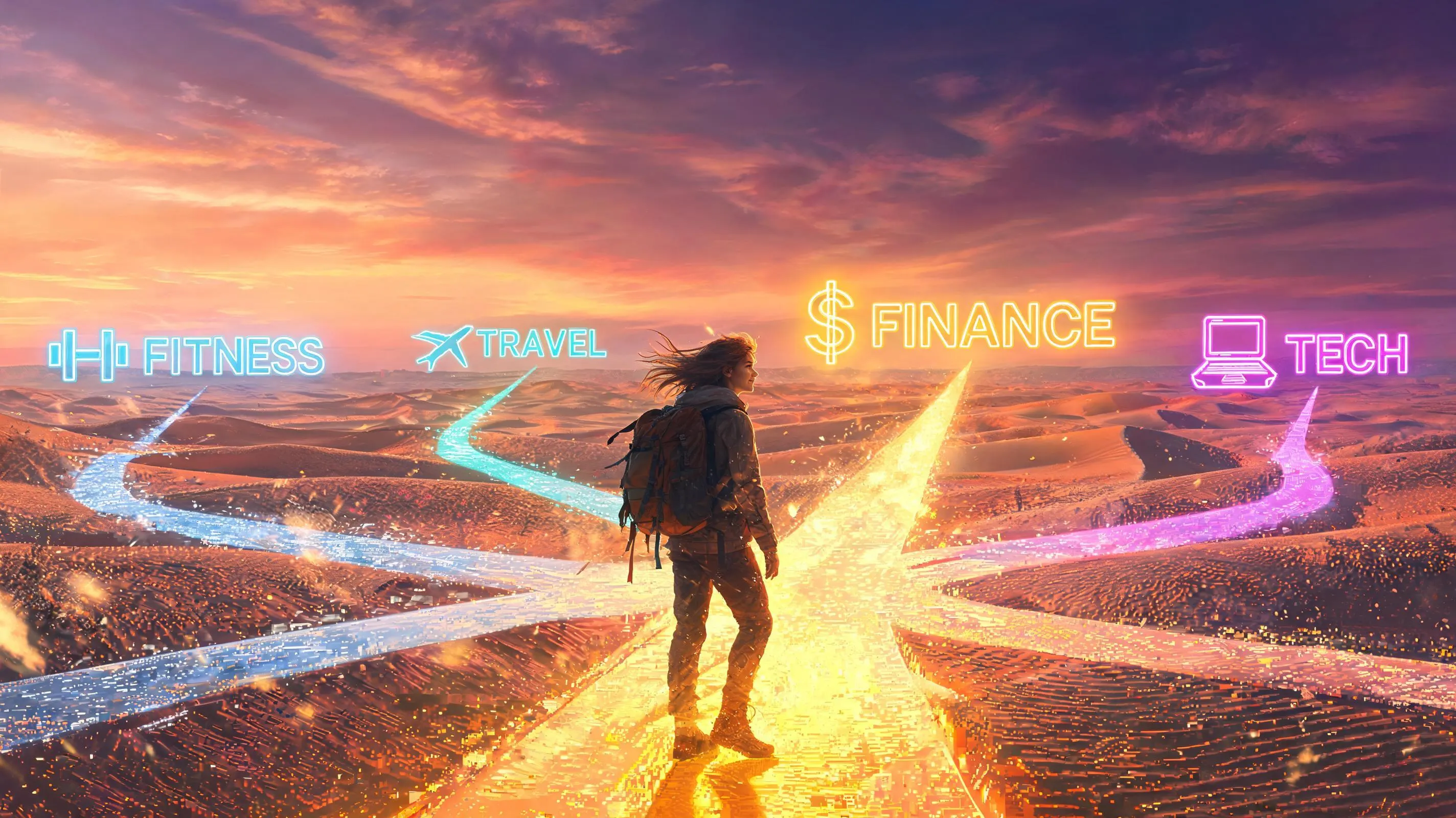 Person standing at glowing crossroads choosing a blogging niche path representing clarity, direction, and decision-making in starting a blog journey