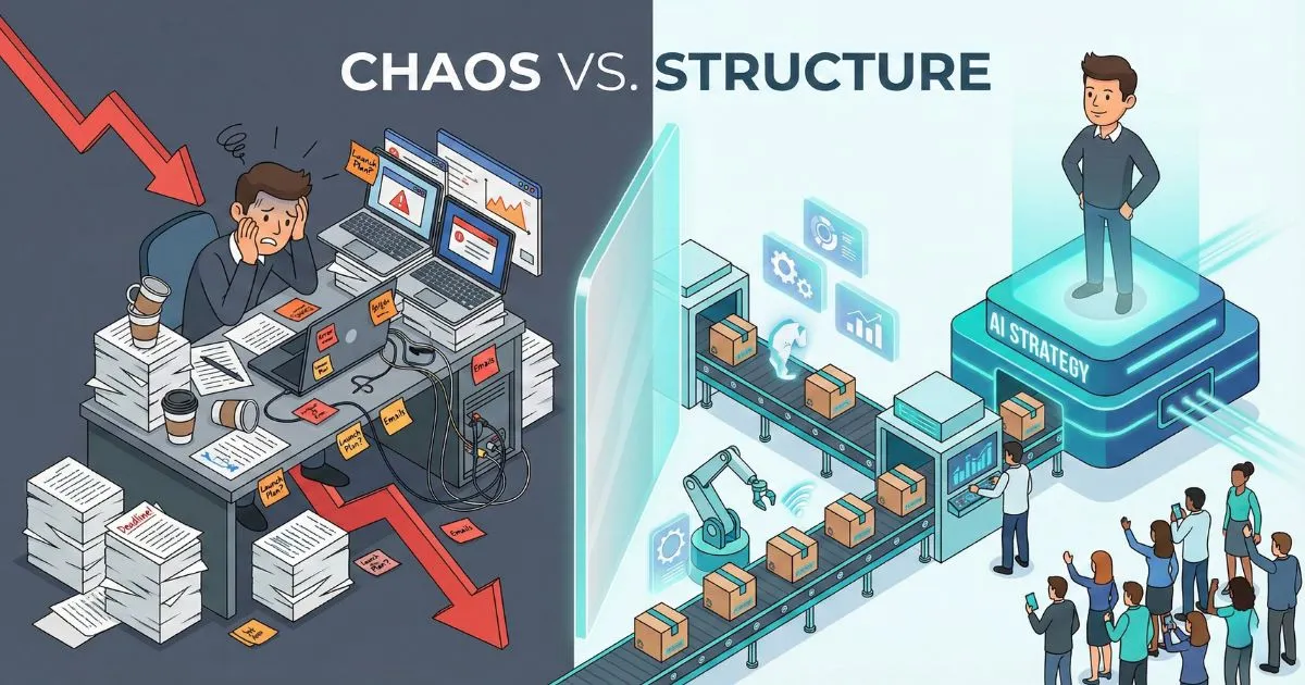 Illustration showing a chaotic manual product launch versus an organized AI-driven product launch strategy.
