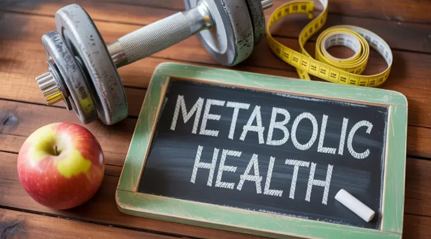 Chalkboard with the phrase “Boost your metabolism” surrounded by an apple, dumbbell, and measuring tape on a rustic wooden table, symbolizing fitness and health.