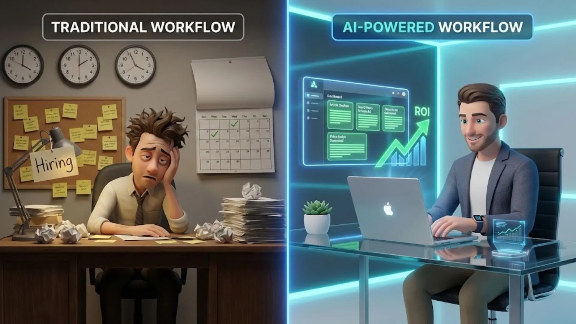 Comparison of a stressed solopreneur hiring a VA versus a calm business owner using a solopreneur marketing AI system for growth.