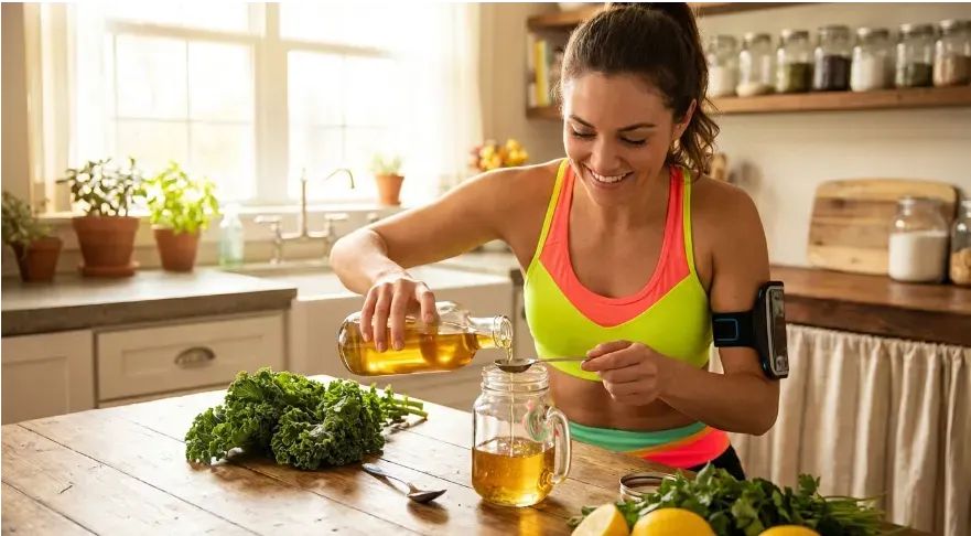 A health-conscious adult in workout clothing preparing a vinegar tonic before lunch, CGM monitor on arm, wooden table with lemon and measuring spoon.