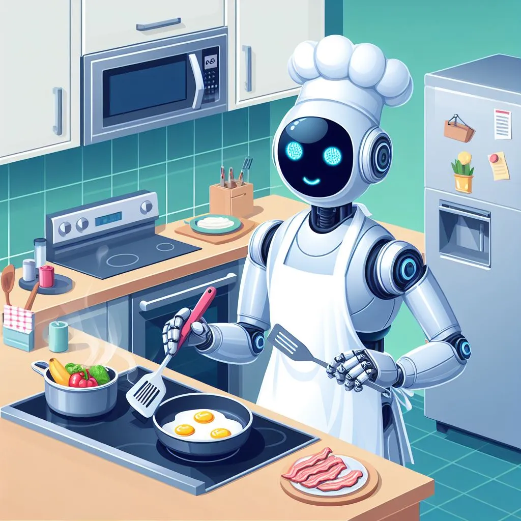 AI robot in the kitchen cooking breakfast