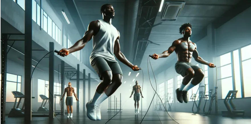 Two well built African Americans jumping rope in a gym.