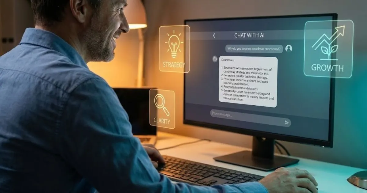 Entrepreneur smiling at computer screen, feeling confident after using AI prompts for content.
