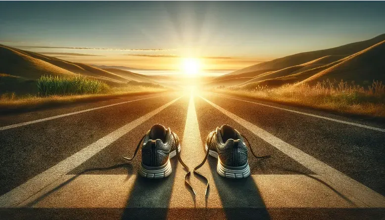 Sneakers on an empty road facing the rising sun.