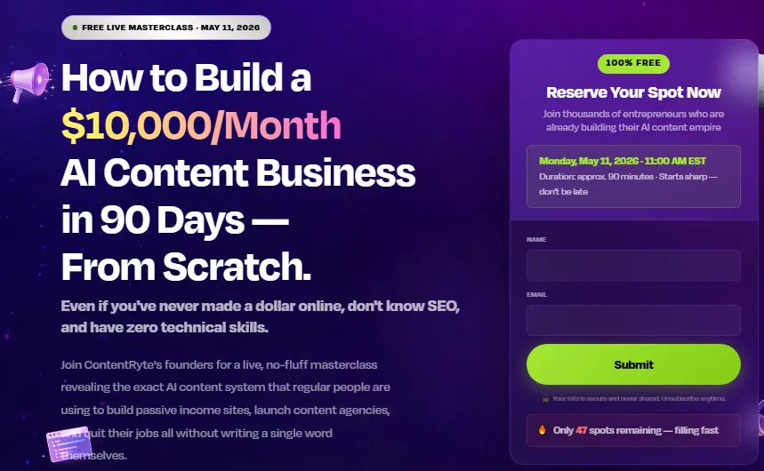 contentryte-multi-site-wordpress-dashboard-traffic-scale-Free Live Masterclass-How to Build a $10,000 Month AI Content Business in 90 Days —From Scratch