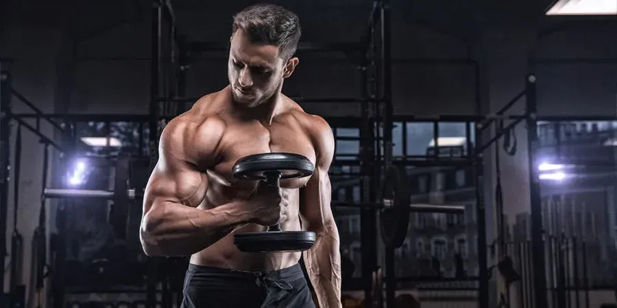 A man doing a bicep curl with pumped up muscles.