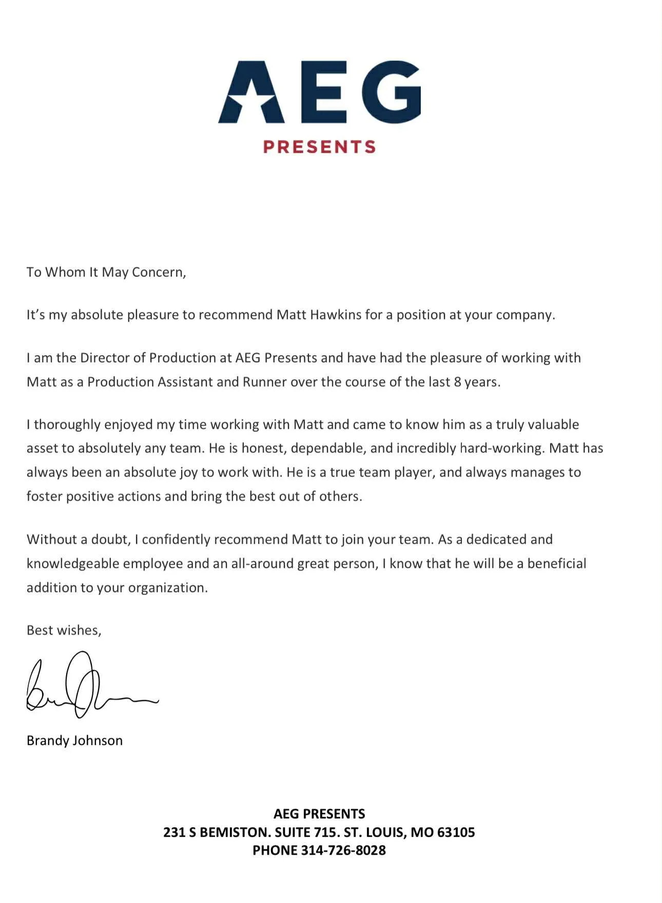 AEG Presents Reference Letter