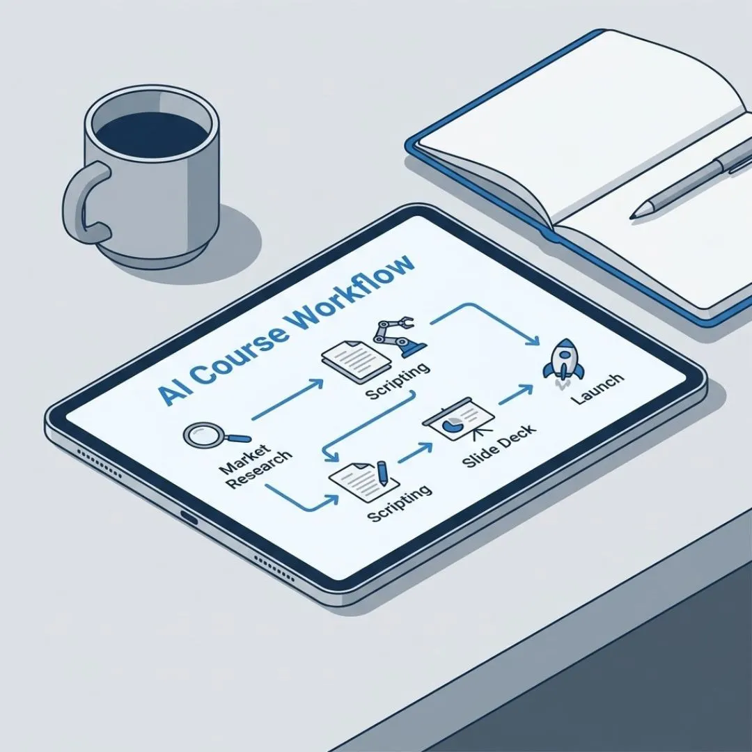 Diagram showing research, scripting, slides, and launch phases powered by AI.