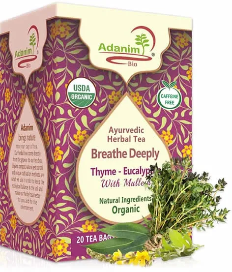 Adanim Bio Eucalyptus Mullein Tea Contains 20 Teabags of Organic Eucalyptus Leaves, Thyme, and Mullein, Providing Health Benefits to the Lungs