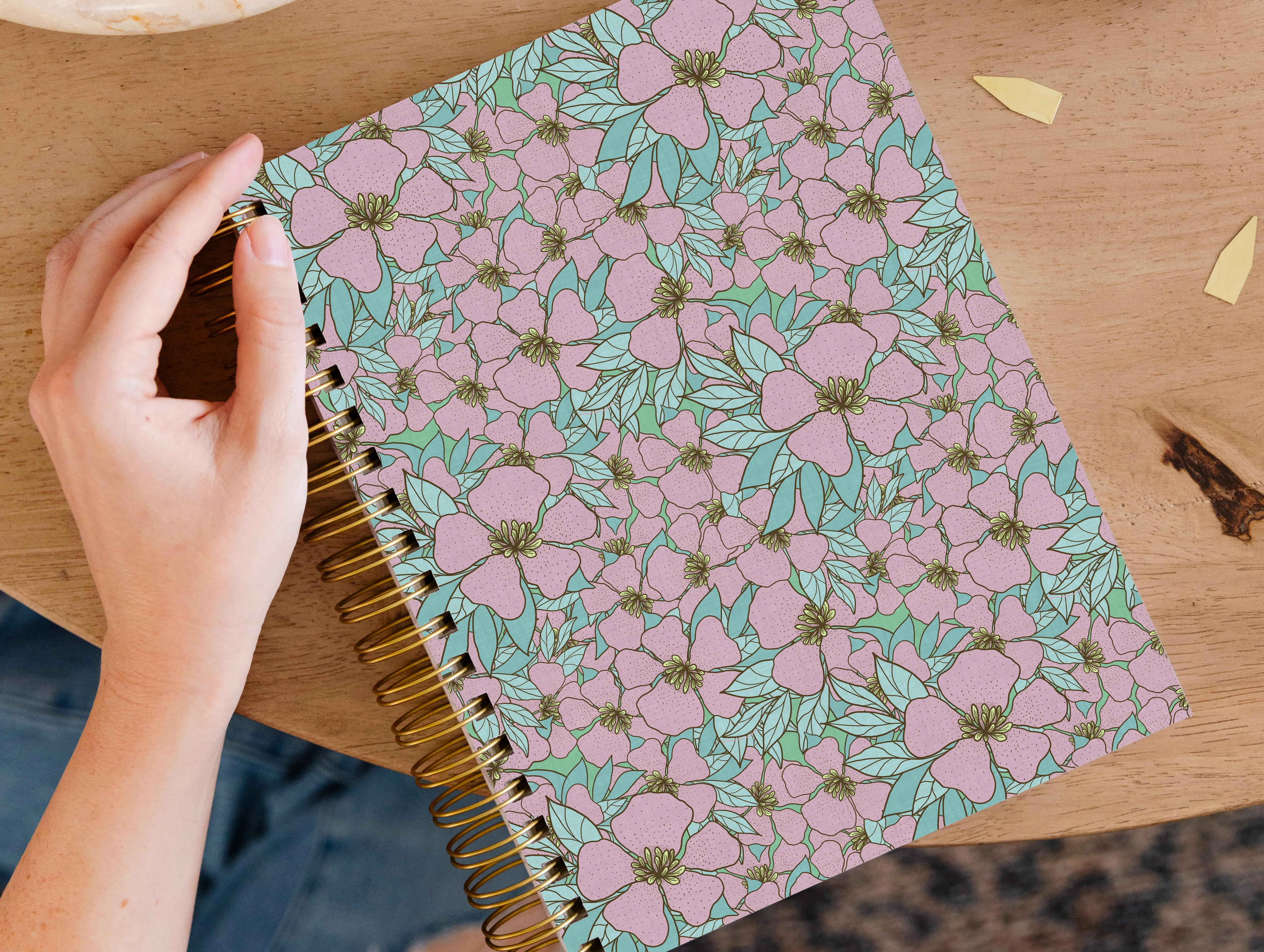 floral collage in pink and blue