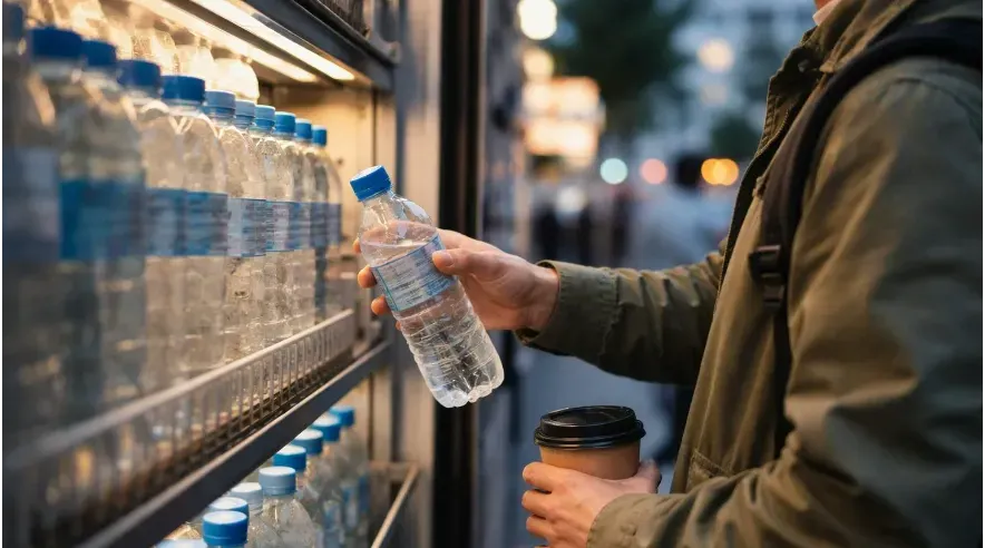Commuter buying bottled water for convenience