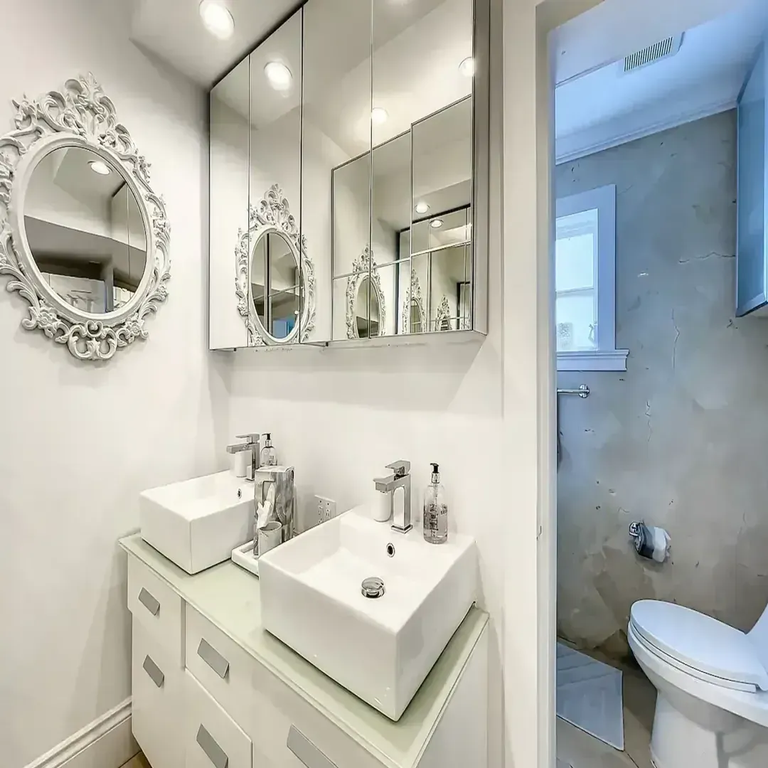 1st Floor Bathroom with Dual sink powder room and closets