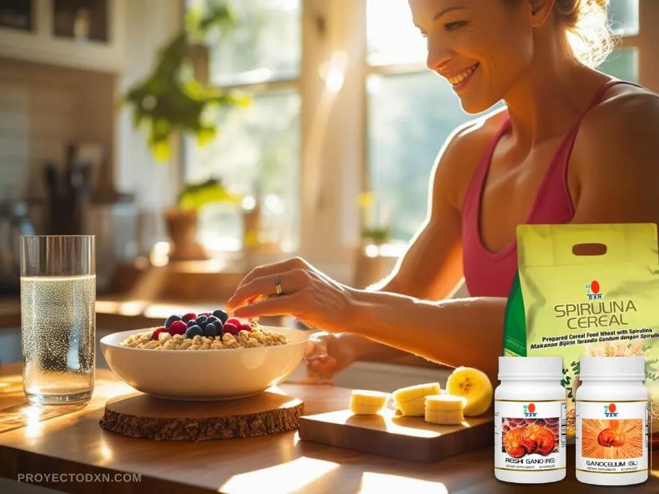 Una persona preparando un desayuno saludable con frutas, Espirulina, RG y GL  DXN como parte de un enfoque natural para el bienestar metabólico.