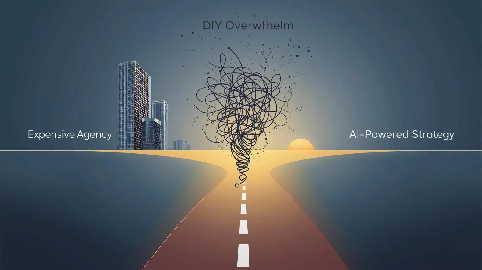 A graphic showing the choice between an expensive AI marketing agency, DIY marketing, and the better path of an AI-powered strategy.