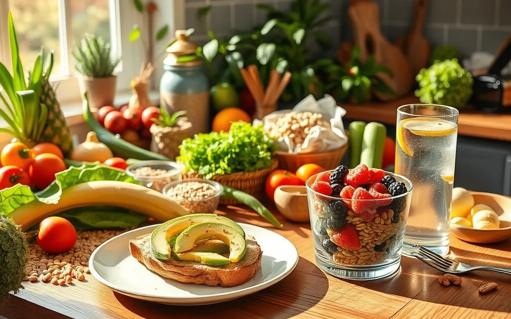 A vibrant kitchen scene filled with fresh vegetables, fruits, whole grains, and nuts, showcasing a colorful array of healthy foods; a plate of avocado toast, a bowl of oatmeal topped with berries, and a glass of water infused